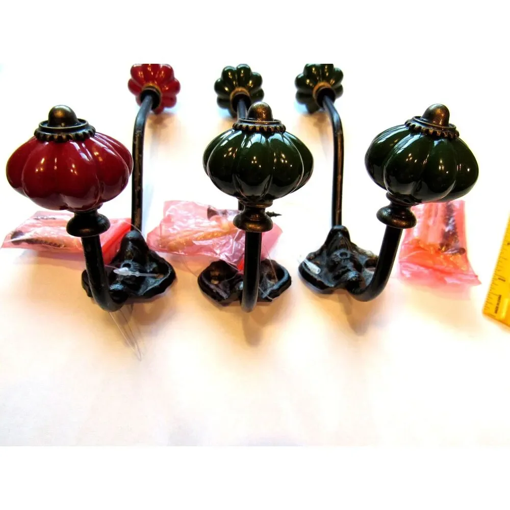 Metal hangers 3 wall hooks beautiful design green red melon ceramic knob 6-3/4in